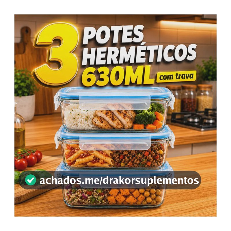 Conjunto 3 Potes 630ml Vidro Hermético C/ Trava Retangular Resistente Quente Frio Marmita Dieta Fitness Refratário