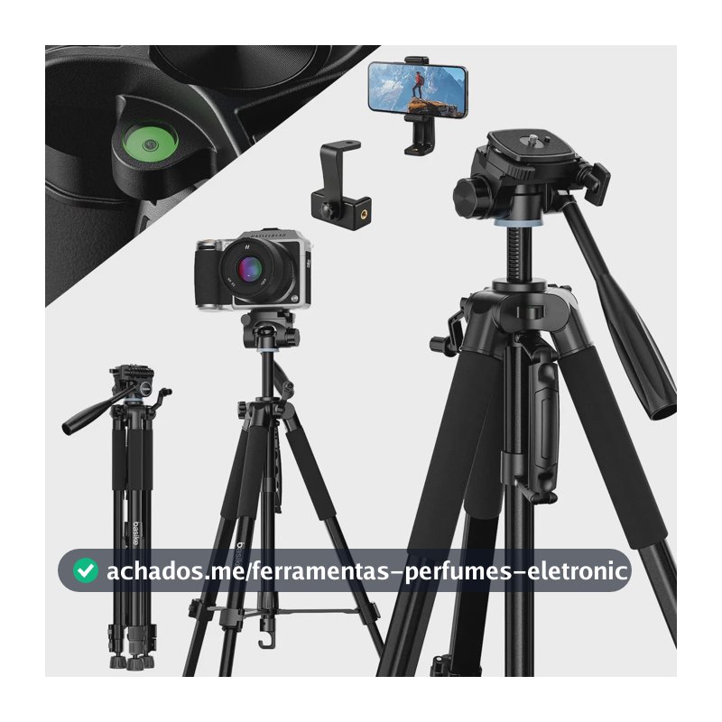 Tripé Profissional para Câmera e Celular 1.7m Basike– Cabeça 3 Vias 630° Panorâmico, Nível Bolha, Bolsa de Transporte,Suporte de Celular – Tripé Portátil de Alumínio para Fotografia, Live, Vlog