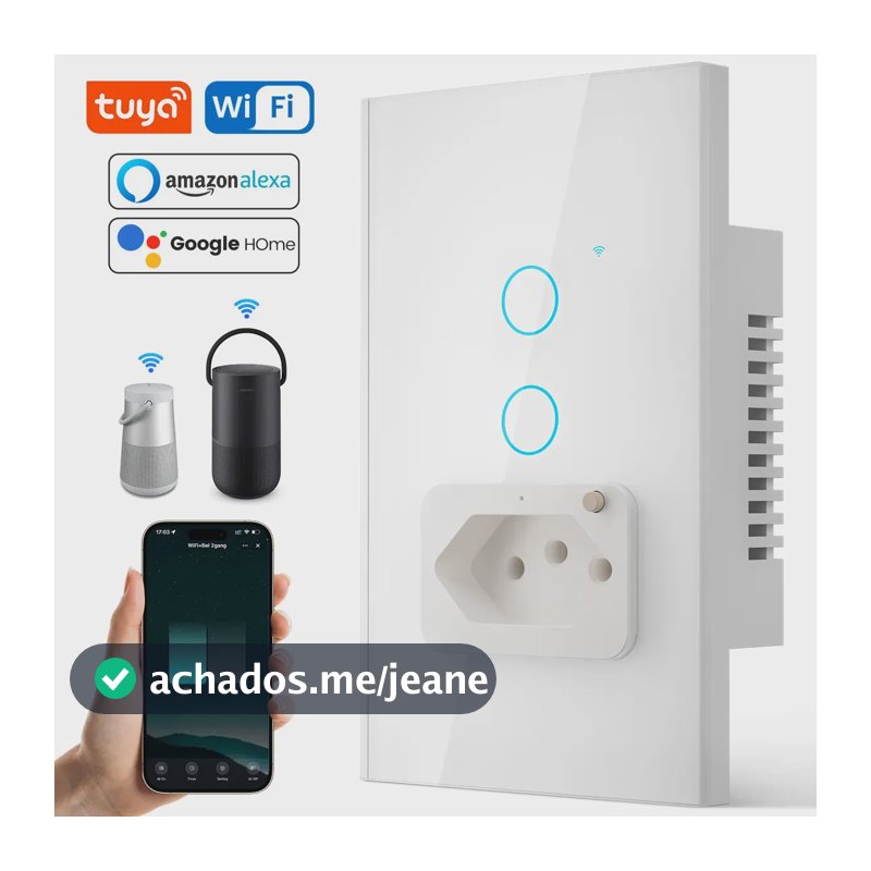 Interruptor Inteligente Touch 2 Tecla com Tomadas 10A Tuya Smart Life Compatível Alexa Google Home Automação Residencial Painel Vidro Branco Controle por App Wifi 2.4ghz Rf433 FORESTORY