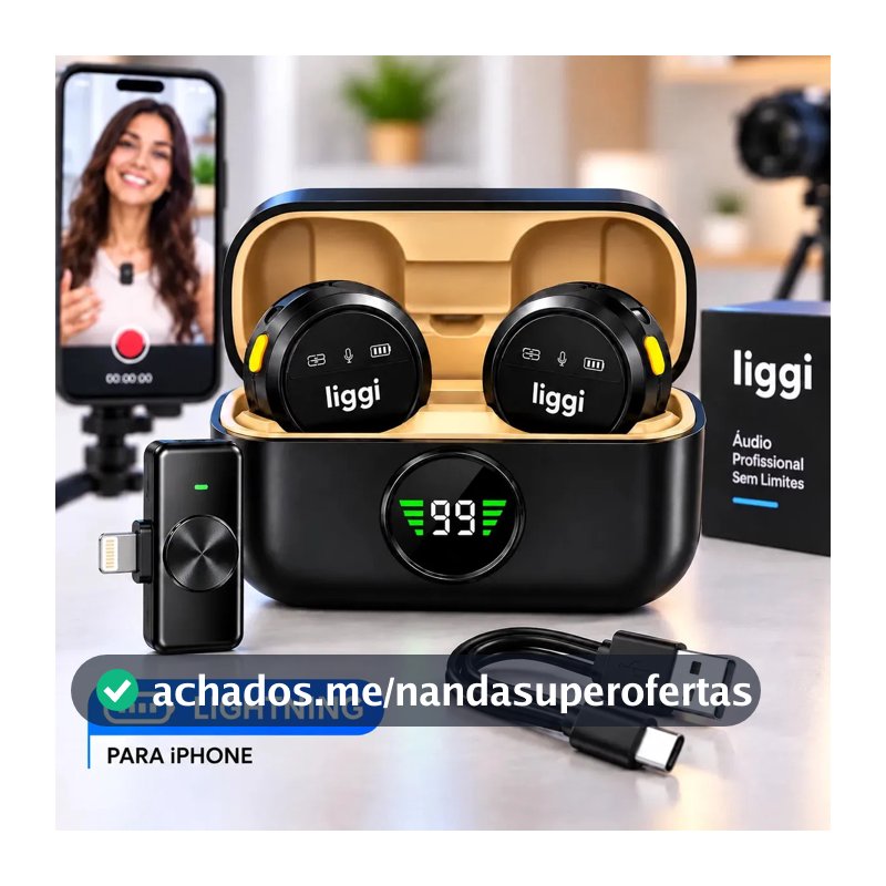 Microfone Lapela Redondo Imã Sem Fio Preto Duplo Anti Ruído Cor Preto - Lightning IPhone 8 ao 14