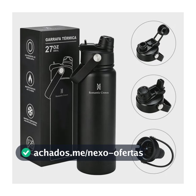 Garrafa Térmica 800ml Inox Bico Duplo Canudo Alça Esporte Preto