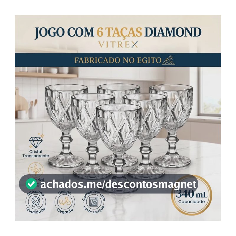 Jogo 6 Taças de Cristal 340ml Diamond Transparente Lapidado Vitrex