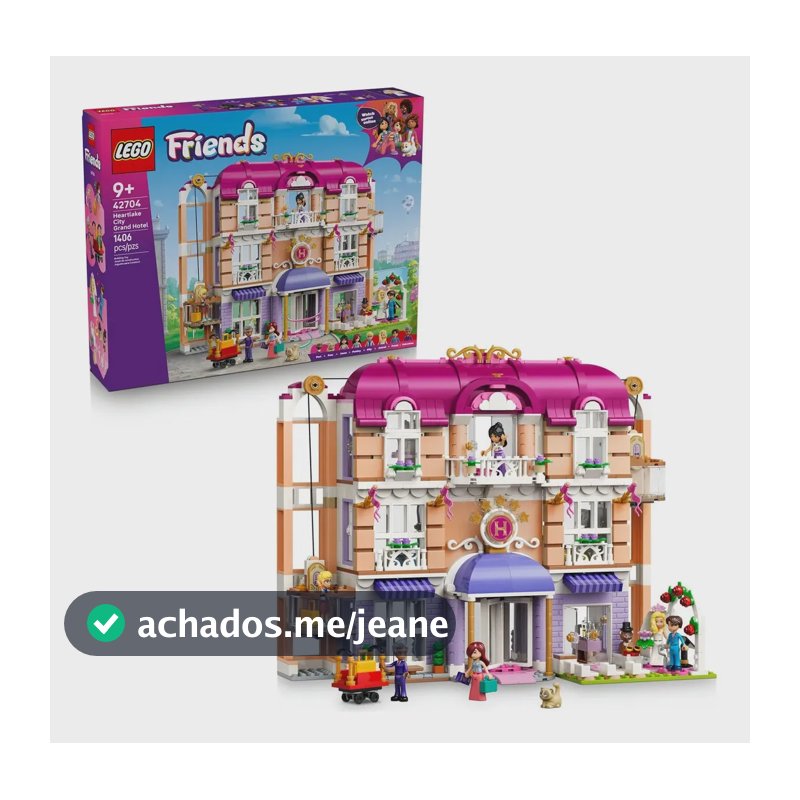 LEGO Friends O Grande Hotel da Cidade de Heartlake 42704; Kit de Construção casa de bonecas com 6 mini bonecos e 2 gatos; brinquedo criativo para brincar e criar histórias; Dia das crianças; 9+