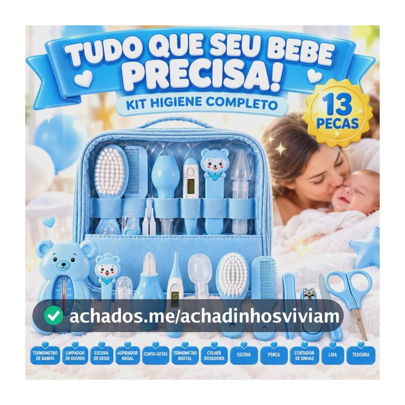 Kit Higiene Cuidados Bebê Azul Recém Nascido Completo 13 Peças Bolsa Maternidade Termômetro Digital Aspirador Nasal Escova Pente Cortador De Unha Azul Menino Chá De Bebê Presente Louis Riel Acustico