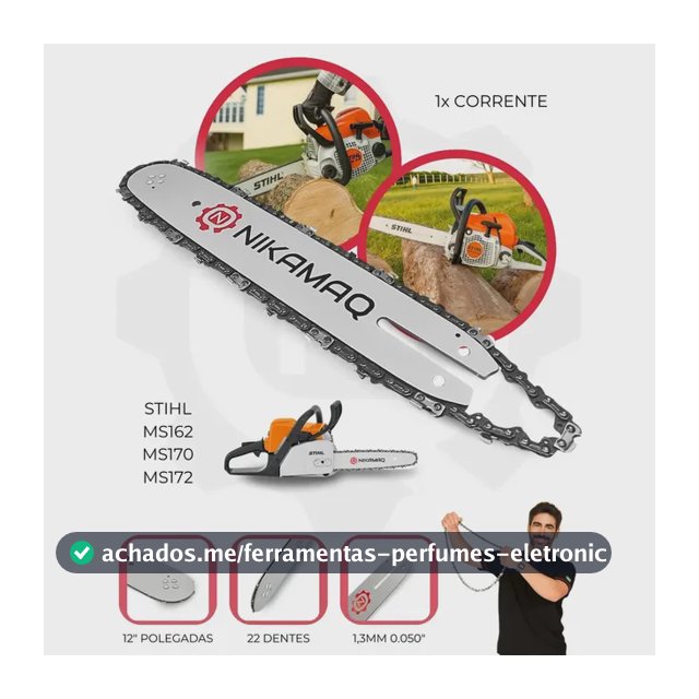 Kit Sabre Saibro Barra Facão + Corrente 22 Dentes Para Motosserra Stihl Ms162 170 172 180 182 210 212 230 250 E 250 12"Polegadas Nikamaq