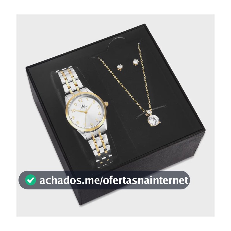 Kit Relógio Colar e Brincos Ponto De Luz Dourado e Prateado Feminino Luxo Saint Germain 28mm