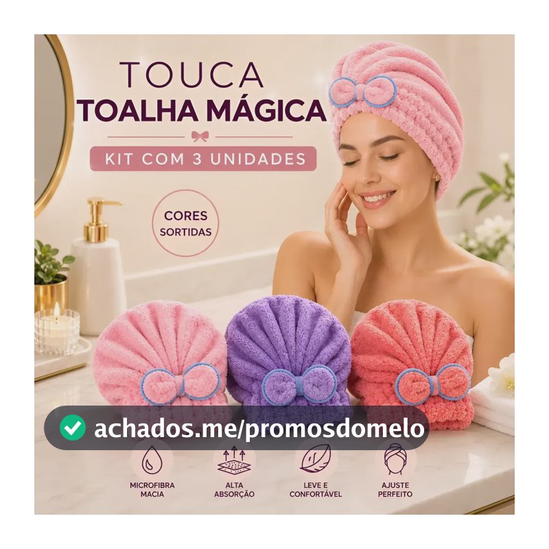 Kit 3 Toucas Toalha Mágica Microfibra Antifrizz Cor Sortida Banho Pos Lisos Crespos