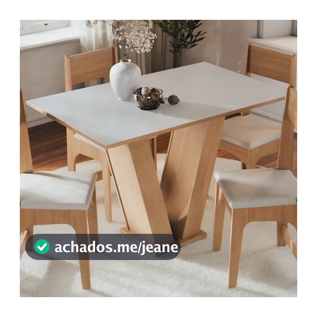 Conjunto Sala de Jantar 4 Lugares com Cadeiras Estofadas Mesa Com Tampo Retangular Semelhante Vidro Base V Mel Branco Off White