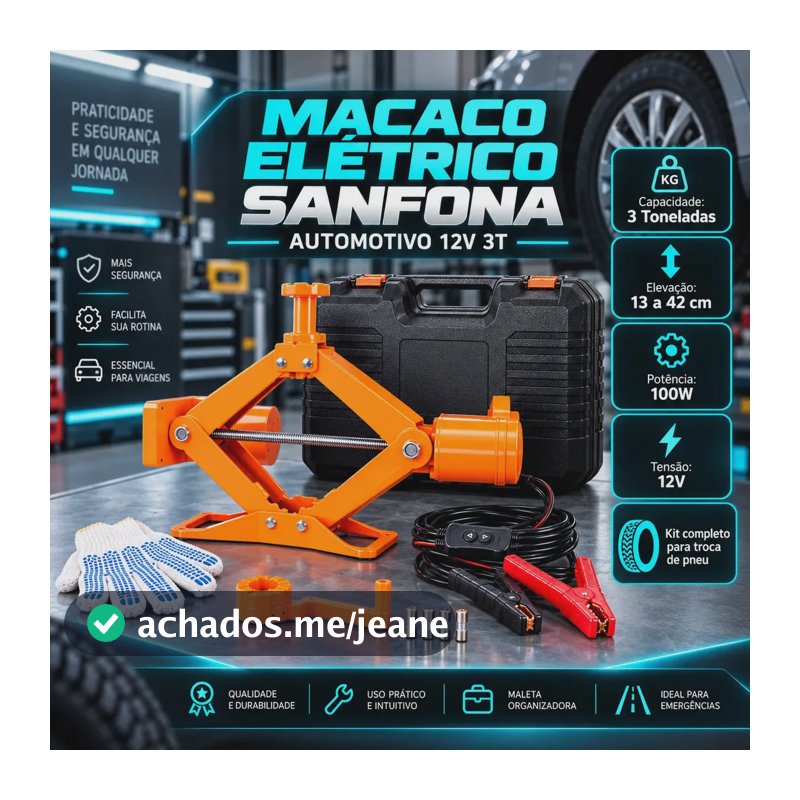Macaco Elétrico Sanfona Automotivo 12V 3T Para Troca De Pneu Com Chupeta Auxiliar De Partida