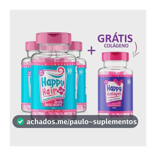 3x Happy Hair + Colágeno Com Ácido Hialurônico