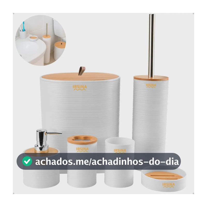 Kit Banheiro Conjunto De Acessórios Moderno Bambu Lixeira Saboneteira Escova Cor Branco Irsina