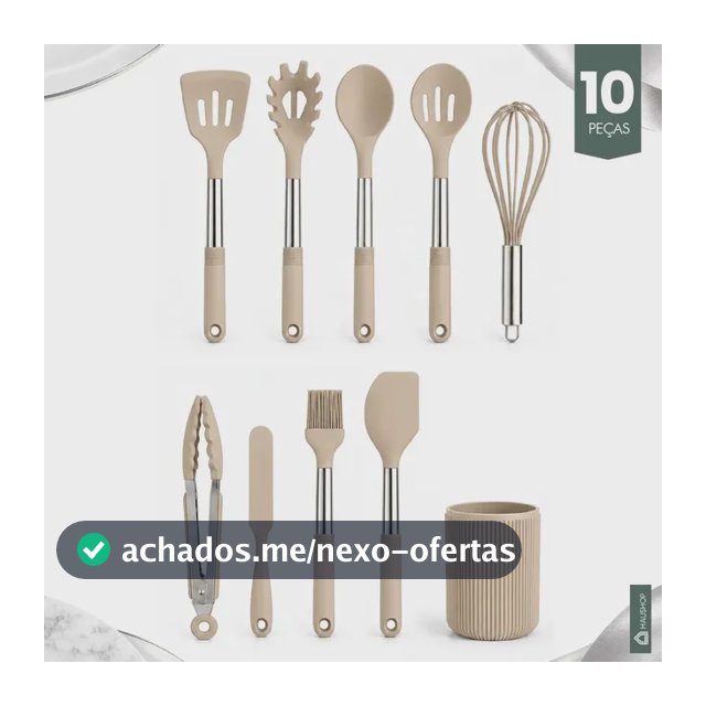 Kit Utensílios 10 Peças Cozinha Silicone Cabo Inox Tamanho Grande Jogo Completo Premium de Colheres Espatúlas Pegador Conjunto Funcional Com Suporte Resistente Não Enferruja Haushop Cor Bege