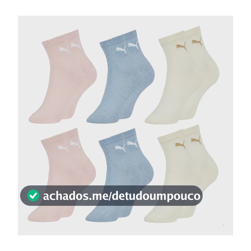 Kit 6 Pares Meia Puma Colors & Heart Cano Médio Feminino