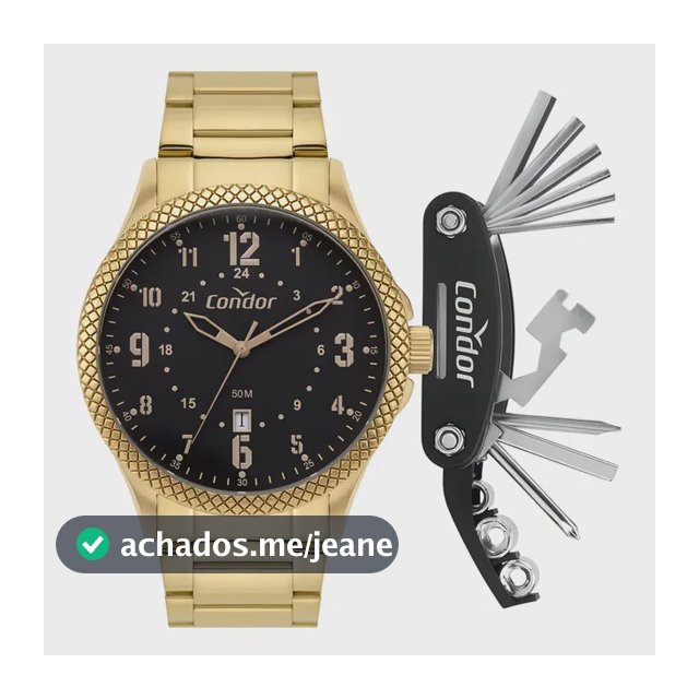 Kit Relógio Masculino Condor 44 Milímetros Metal Analógico Dourado Fundo Preto Pulseira em Aço Inoxidável Calendário Prova D'Agua 50m com Kit Ferramentas Soquete Chave Allen Philips CO2115MYXK4P