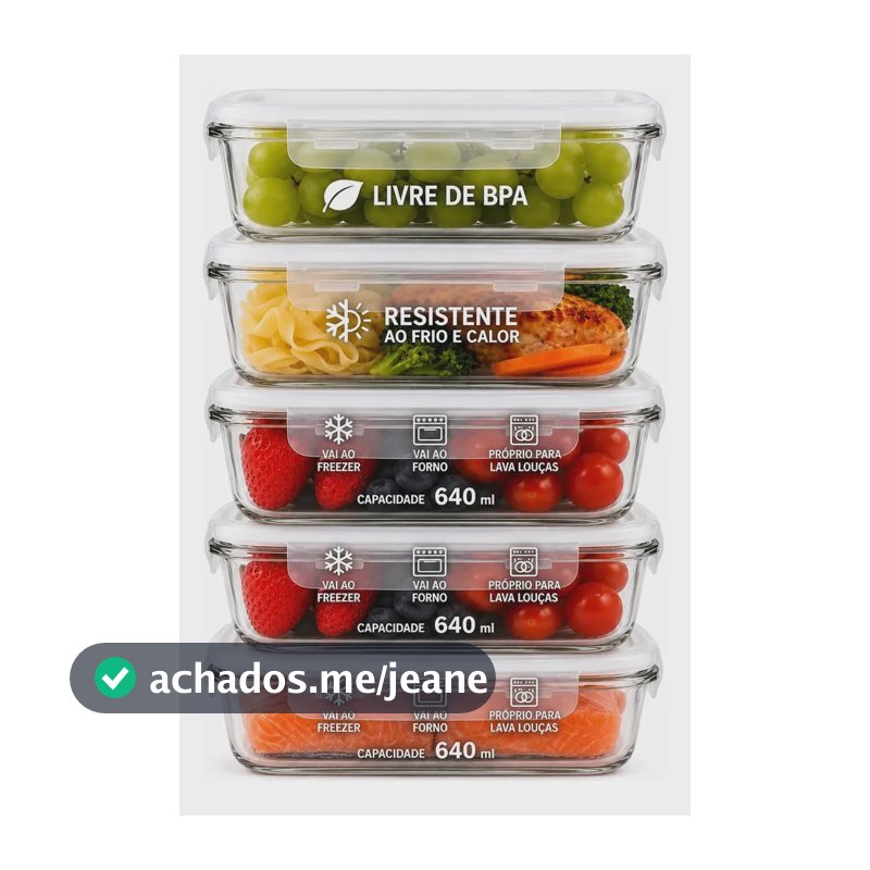 Kit 5 Potes Vidro 640ml Hermético Marmita Forno Refratário Transparente