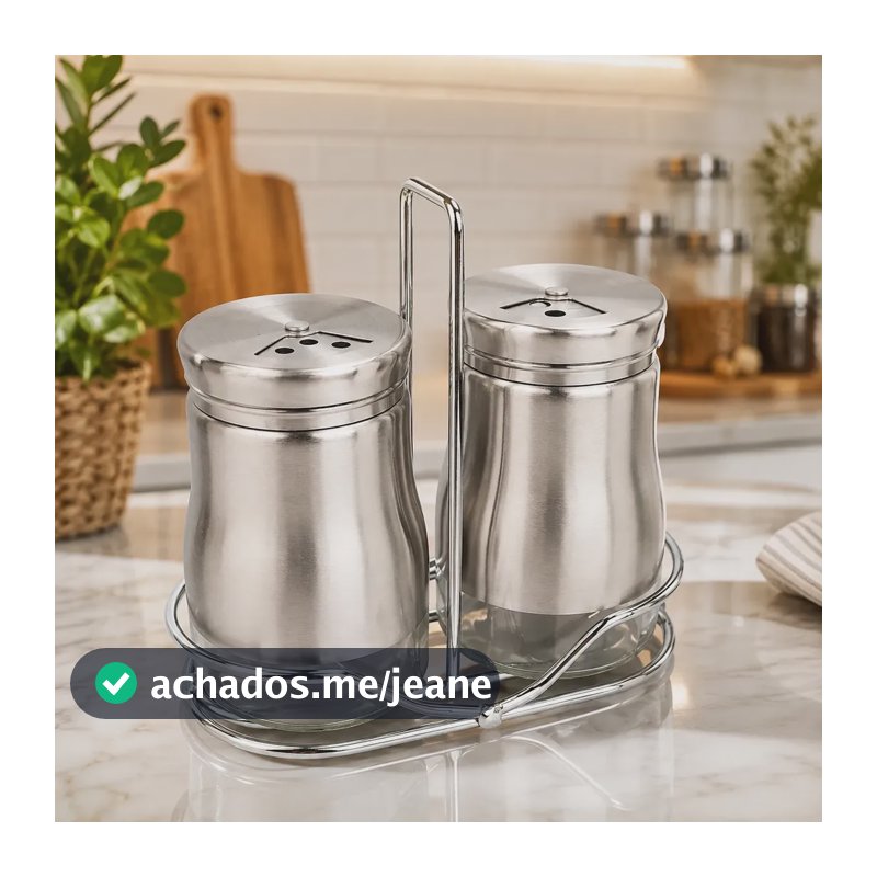 Kit Porta Condimentos Inox Vidro 2 Peças Saleiro E Paliteiro Cinza