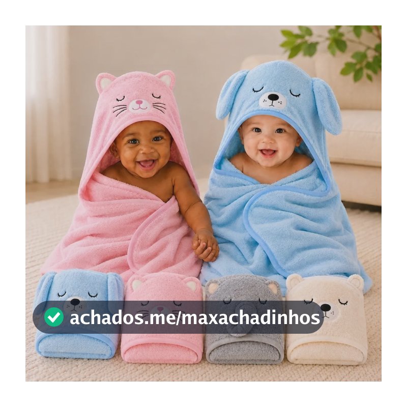 Toalha De Banho Infantil Capuz Para Criança Com Desenho Bege