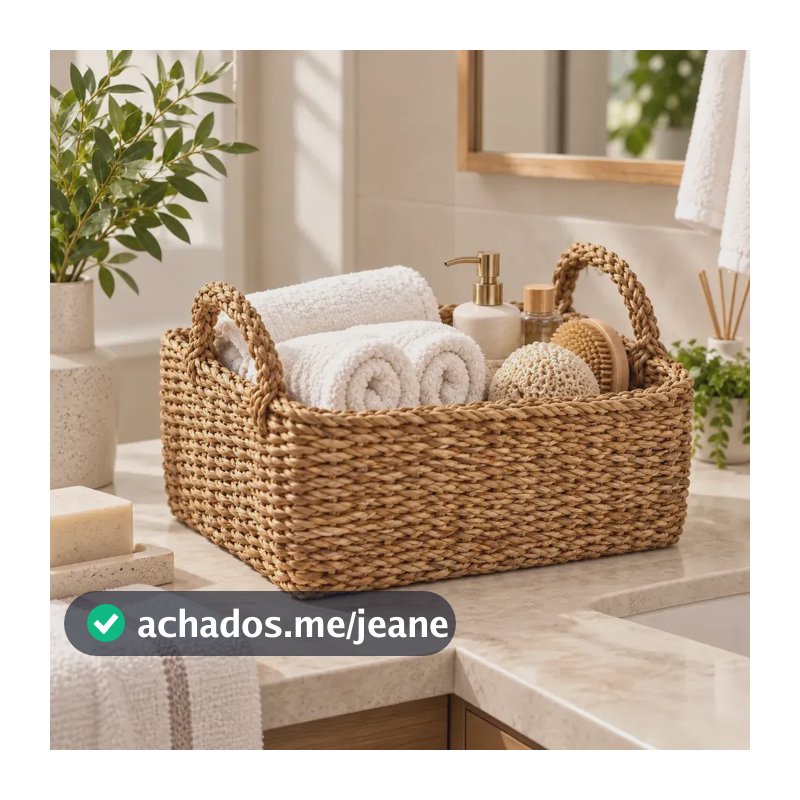 Cesto Caixa Organizador Retangular de Palha Natural Seagrass Multiuso Rústico Artesanal Decorativo para Quarto Banheiro Sala e Armário Organização de Toalhas Roupas Brinquedos Livros e Acessórios