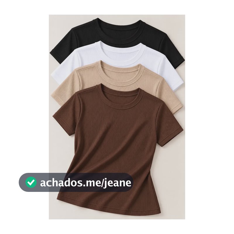 Kit 4 Blusas Femininas Baby Tee Canelada Básica Preto | Branco | Bege | Marrom Gg (44-46)