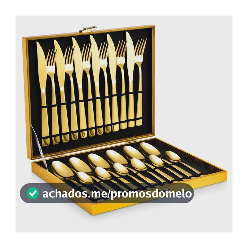 Eps-158 Kit Faqueiro Dourado Luxo Jogo Talheres Inox 24pçs + Maleta Sem Estampa