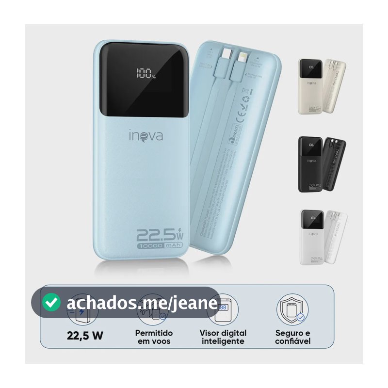 Carregador Portátil Inova Power Bank 10000mAh para iPhone e Samsung Com Carregamento Rápido de 22.5W