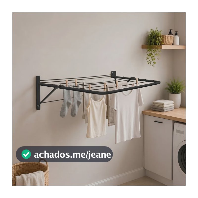 Varal De Parede 69 Cm Em Aço Dobrável Retrátil Preto
