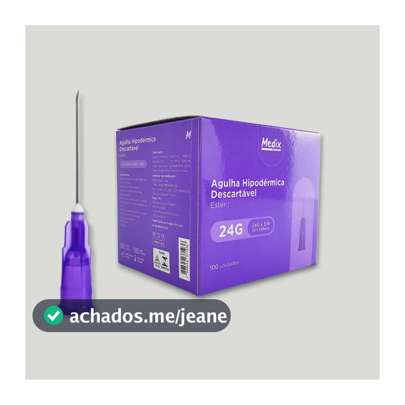 Agulha Calibre 20x0,55mm Roxa 24g Estéril Cx 100un 0 Ml
