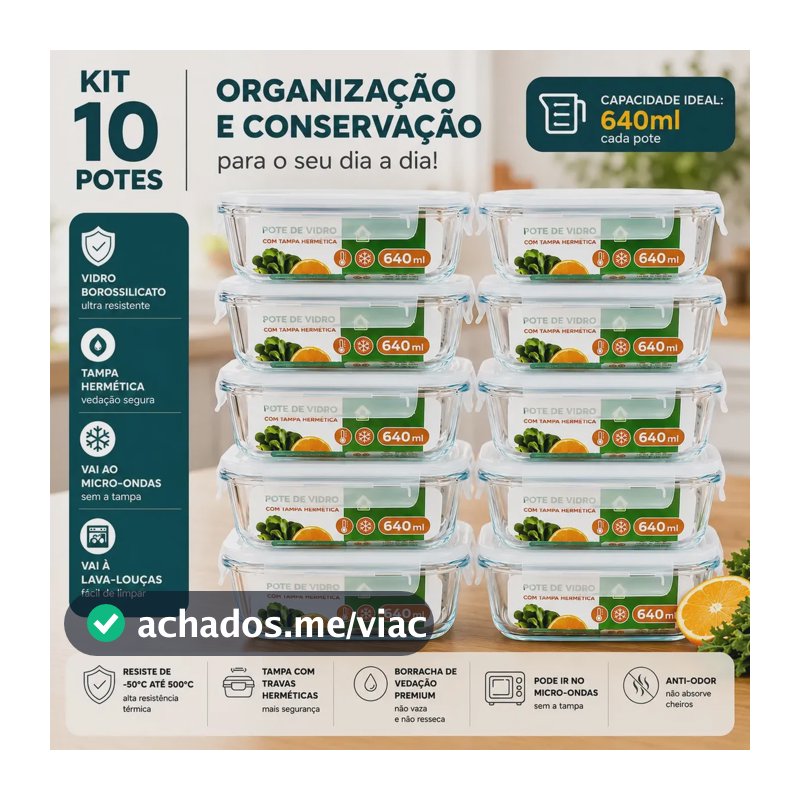 Kit 10 Potes Herméticos De Vidro 640ml Haushop Tampa Vedação Firme Para Geladeira E Despensa Organização Da Cozinha
