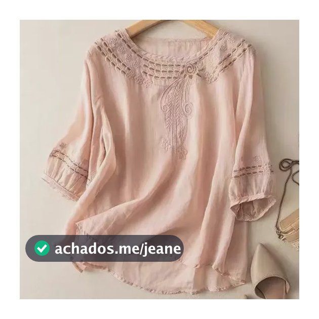 Camiseta Retrô De Algodão Bordada Feminina Loose Seven...