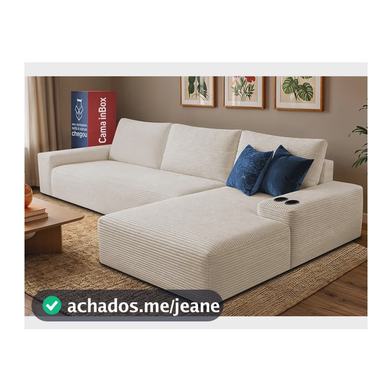 Sofá Evo. 2,70m Molas Ensacadas Com Chaise Dir. Cama Inbox Creme Liso
