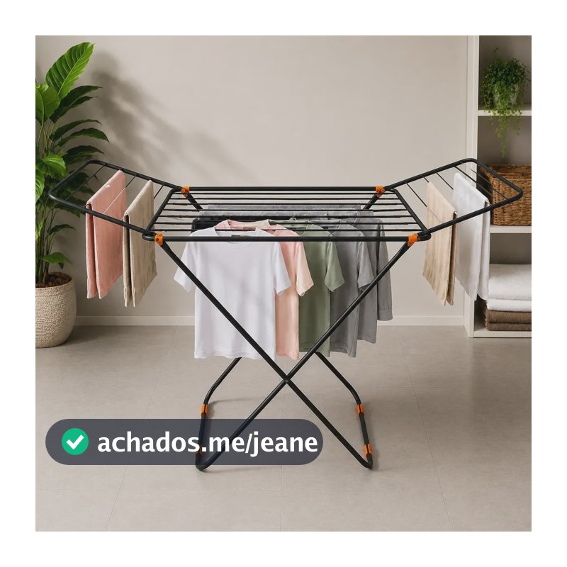 Varal De Chão Reforçado Grande Aço C Abas Dobrável Retrátil Preto