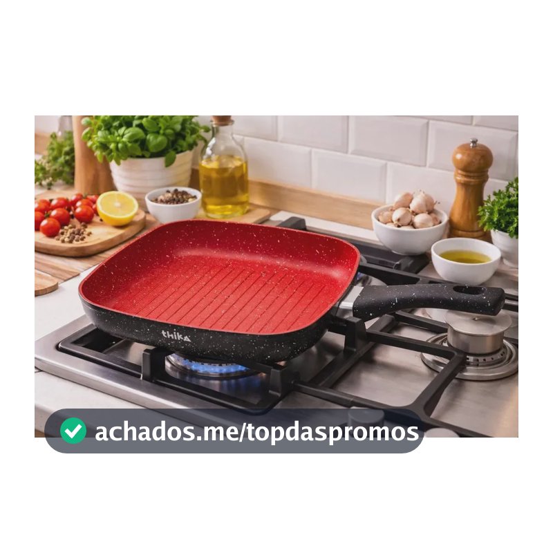 Frigideira Grill Quadrada 24cm Antiaderente Indução Stone Red Point Cabo Resistente
