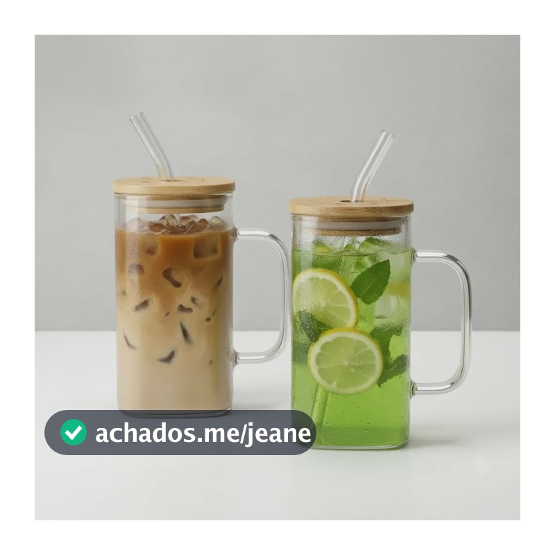 Kit 2 Caneca Copo De Vidro E Canudo Tampa De Bambu 380ml Transparente Com Tampa De Bambu
