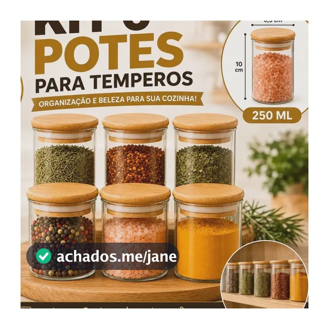 Kit 6 Potes de Vidro Hermético 250ml Tampa Bambu Porta Mantimentos Organizador Cozinha Vedação Silicone temperos