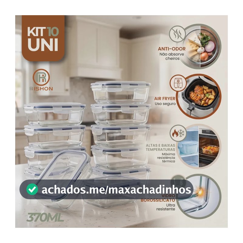 Kit 10 Pote De Vidro Marmita Hermético 370ml Freezer Fitness Rishon