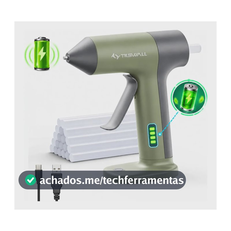 Tilswall Pistola de cola quente sem fio bateria 2000mAh, pré-aquecimento rápido 30s, desligamento automático 5min, bico anti-gotejamento. Acompanha 20 bastões de cola para artesanatos e reparos