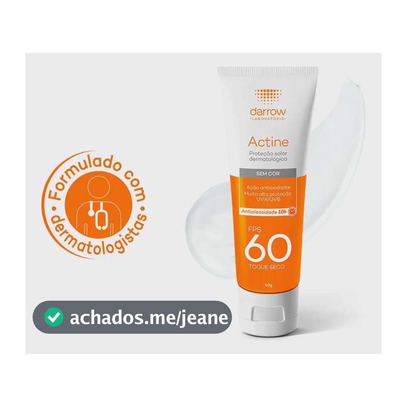 Protetor Solar Facial Antioleosidade Darrow Actine FPS60 Sem Cor, 40g