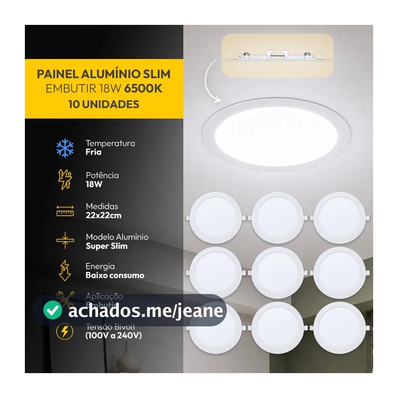 Kit 10 Painel Led Plafon Aluminio Embutir 18w 6500K Branco Frio 22cm Redondo Cod: ALUT001983-10 Alut By Avant