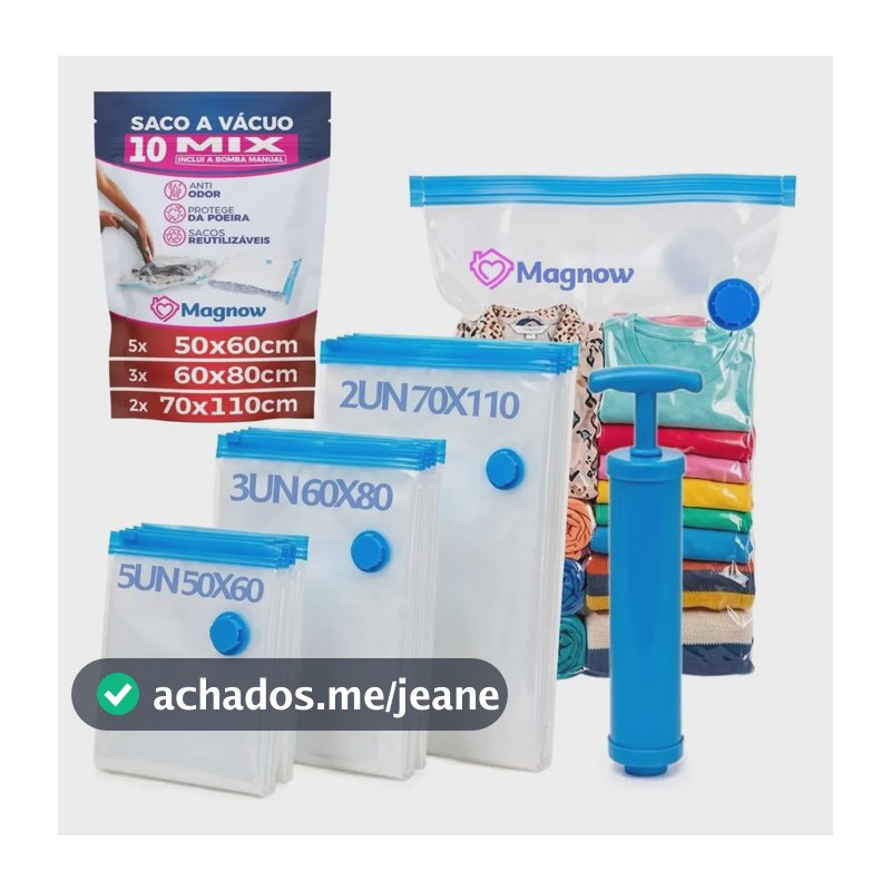 Magnow Pack Kit 10 Sacos a Vácuo com Bomba Manual, Tamanhos 50x60, 60x80 e 70x110, para Viagem, Mala, Guarda-Roupa, Edredom e Casaco