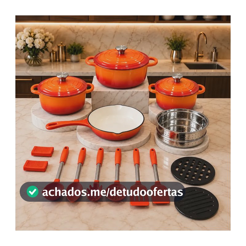 Kit Panelas Ferro Fundido 18 Peças Antiaderente Esmaltada Laranja