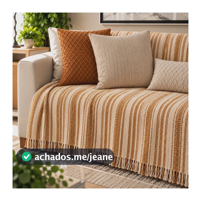 Manta Para Sofá  300 X 180 Super Grande Decorativa Luxuosa Caramelo C/ Cru Listrado Liso