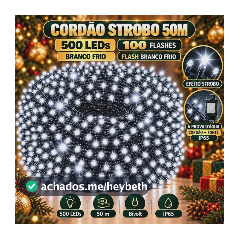 Strobo Pisca Pisca Cordão Natal 500 Leds 50m Prova D'Água Bivolt Branco Frio 100 Flash Branco Frio Decoração Enfeite Natal LuvinCo
