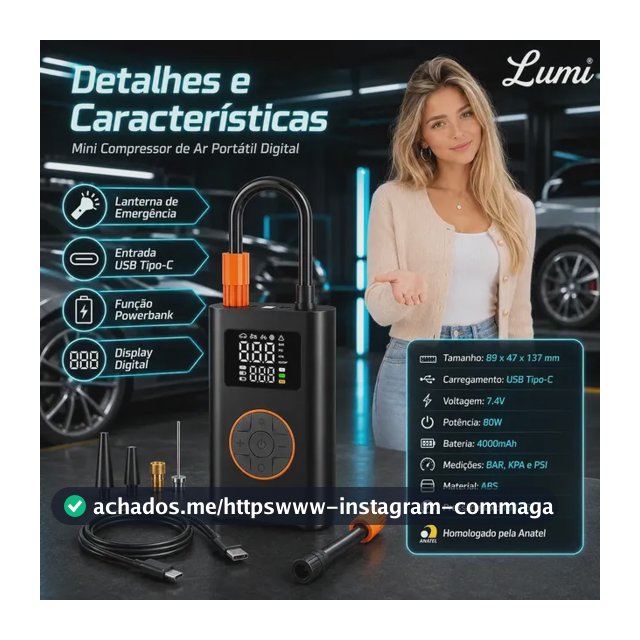 Compressor de Ar Digital Portátil Lumi, Sem Fio, Para Carro e Moto