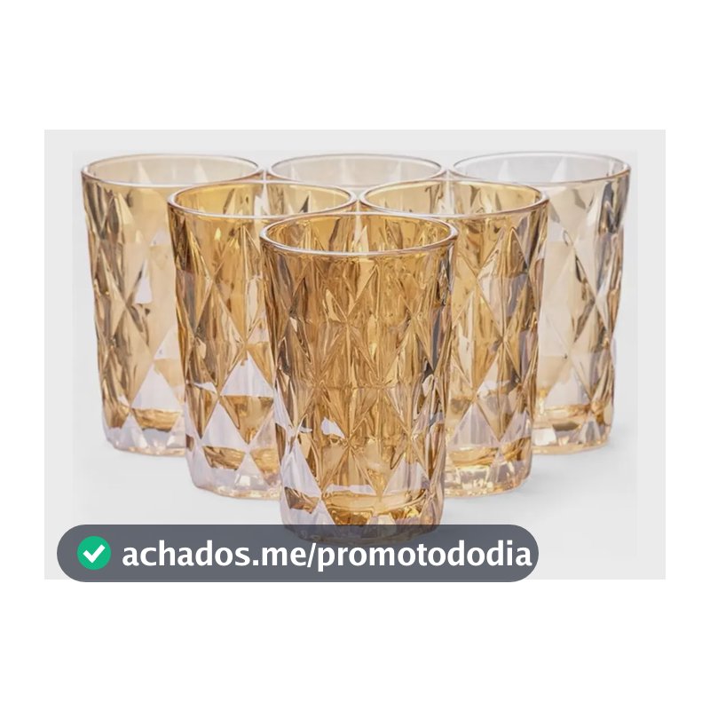 Jogo De Copos Com 6un Vidro Diamond 350ml. Dourado