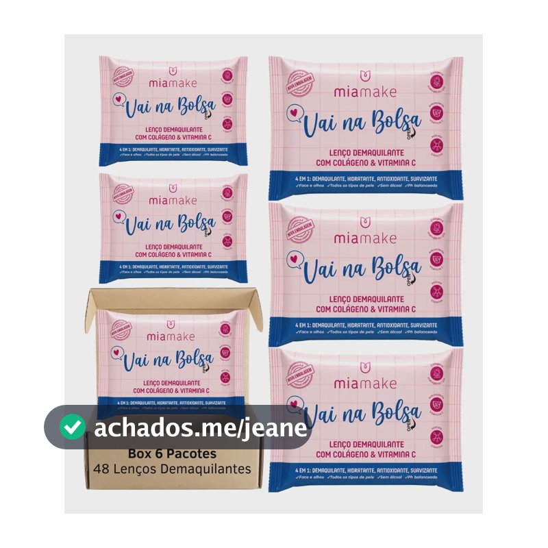 6 Lenço Demaquilante Umedecido Mia Make Vitamina C Colágeno