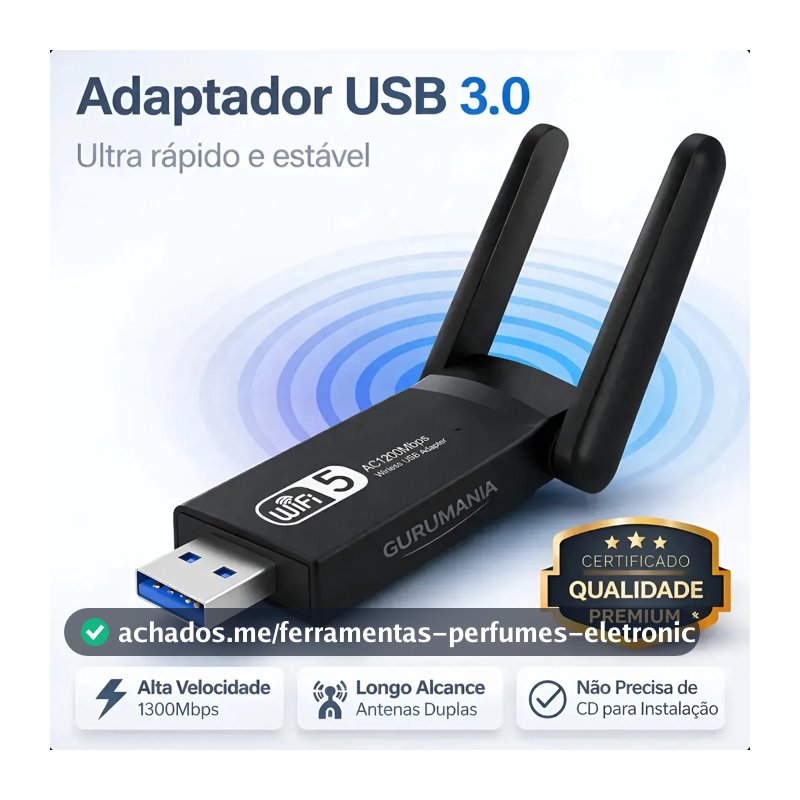 Adaptador Wifi Usb 3.0 Placa De Rede Para Computador Pc Notebook Dual Band 1300Mbps Gigabit 2 Antenas - Gurumania
