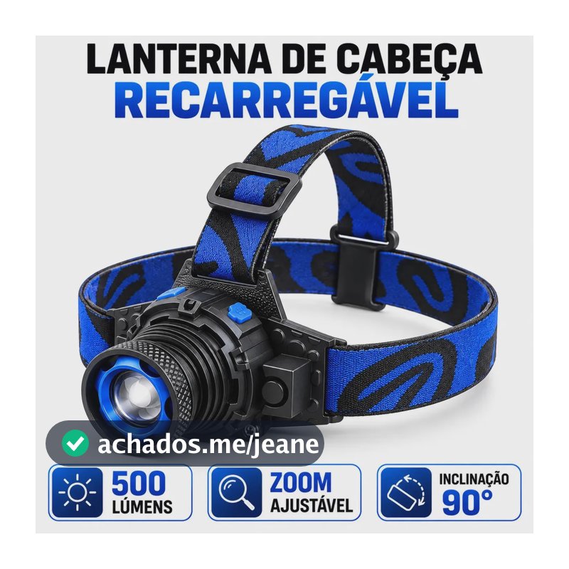 Lanterna de Cabeça LED Recarregável 500lm com Zoom e IPX4