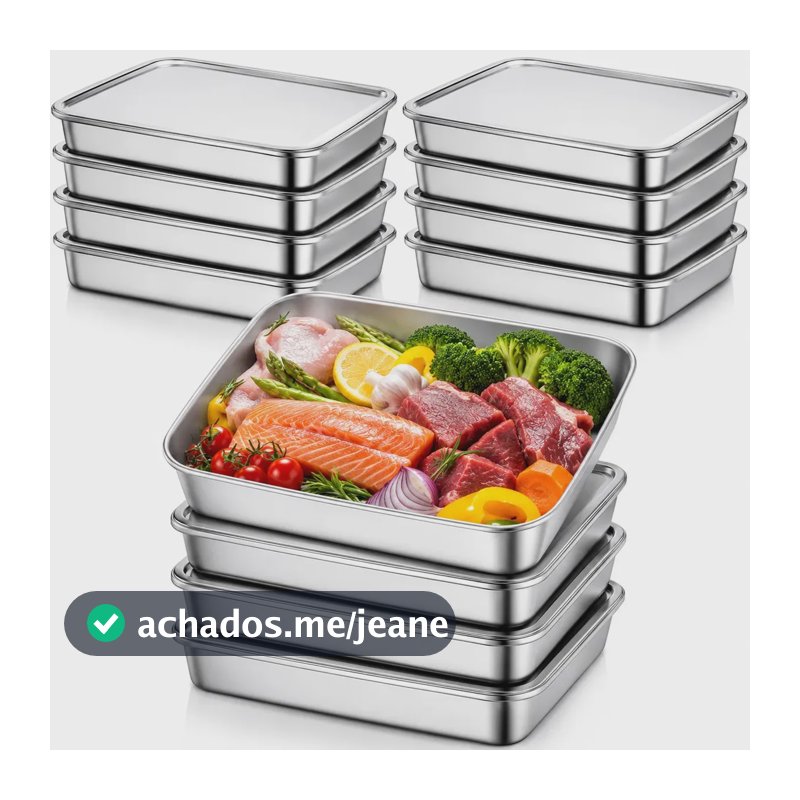 Kit 12 Potes Para Alimentos em Aço Inox Retangular, Com Tampa e de 1 L