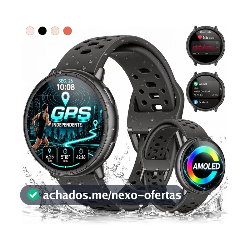 Smartwatch GPS Relógio Inteligente AMOLED NOVANTE Digital IP68 5ATM Impermeável Masculino Feminino Com Chamadas Bluetooth Notificações Instantâneas Monitoramento De Saúde Pulseira Para Smartband Preto