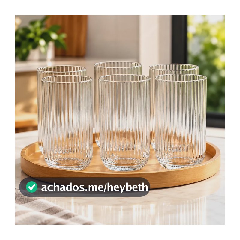 Jogo 6 Copos De Vidro Canelado Transparente 450ml Conjunto Elegante Agua Sucos Drinks Chá Café Mesa Posta Natal Luxo